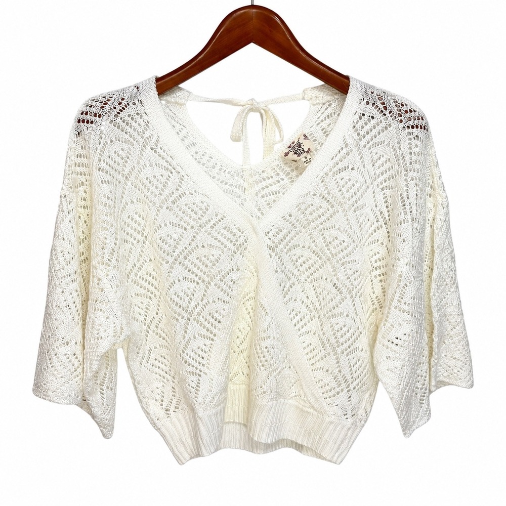 Hippie Rose Women Cream Crochet Pointelle Knit Wrap Tie Back Sweater Medium
